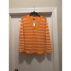 New Talbots Pull Over Open Weave Striped Cotton Sweater Orange And White Size XL